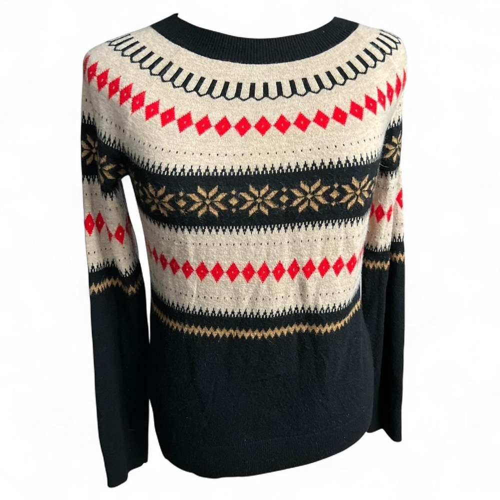 Talbots Wool Blend Fair Isle Style Cream Red & Black Sweater size medium